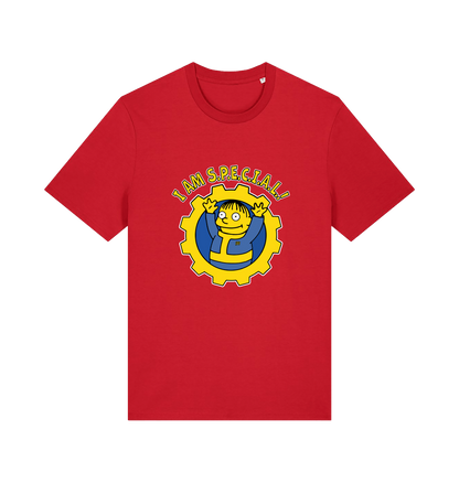 red gaming t-shirt with the graphic of ralph wiggum in a vault tec uniform and the slogan 'i am special'