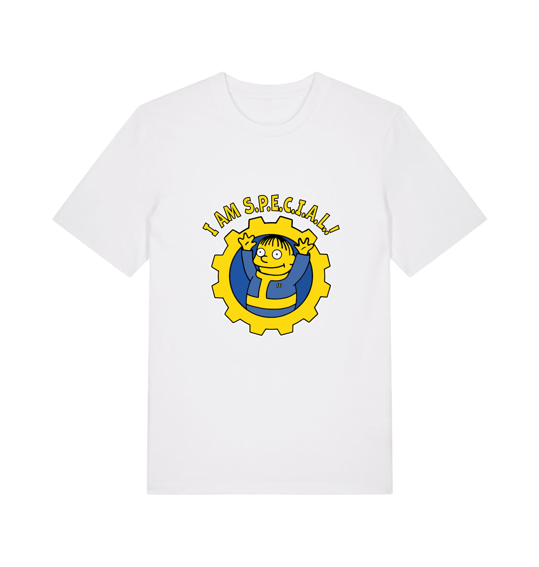white gaming t-shirt with the graphic of ralph wiggum in a vault tec uniform and the slogan 'i am special'