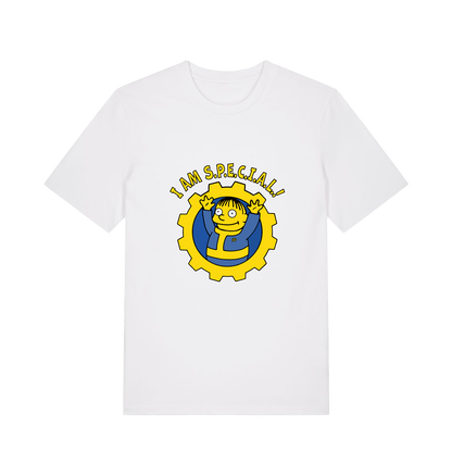 white gaming t-shirt with the graphic of ralph wiggum in a vault tec uniform and the slogan 'i am special'