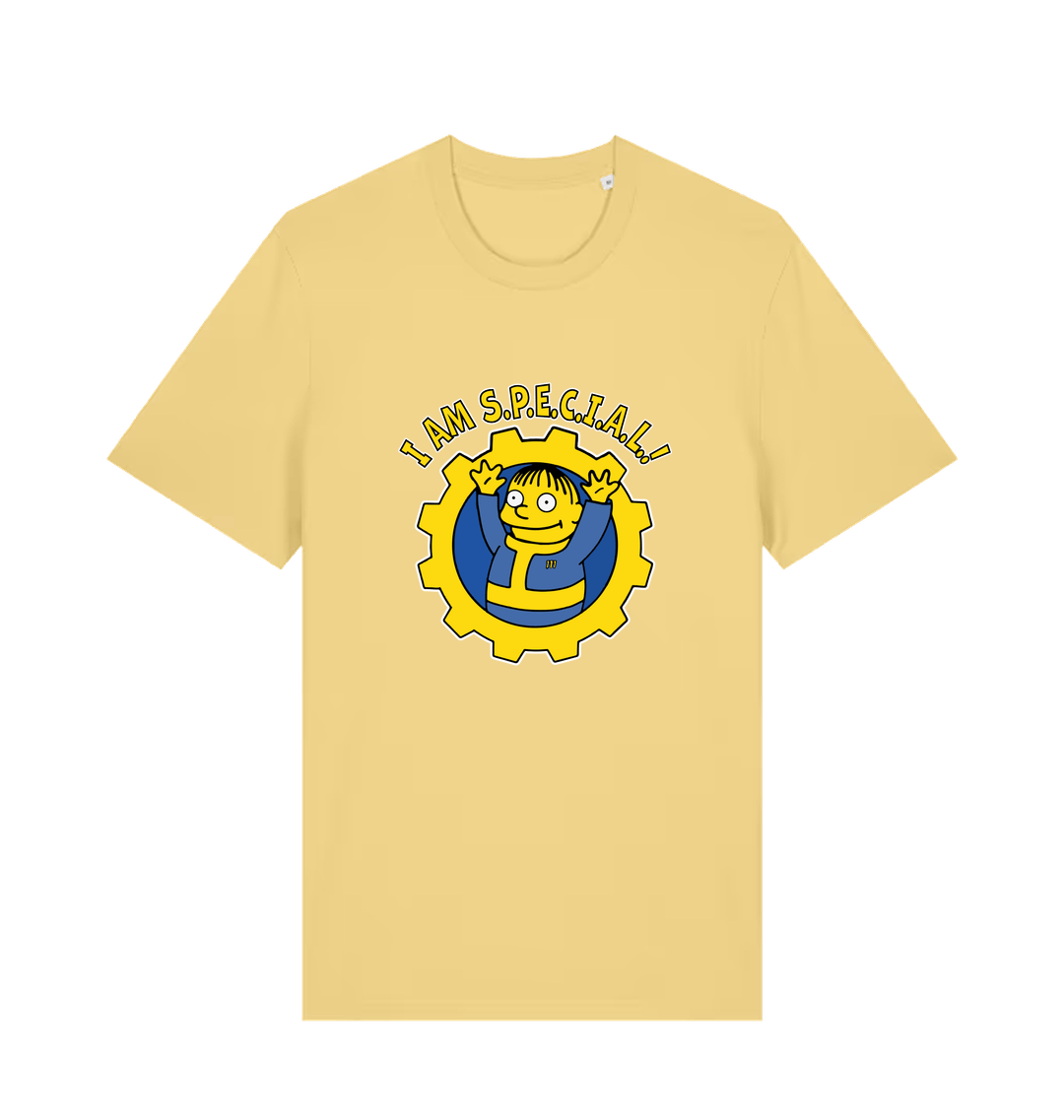 yellow gaming t-shirt with the graphic of ralph wiggum in a vault tec uniform and the slogan 'i am special'