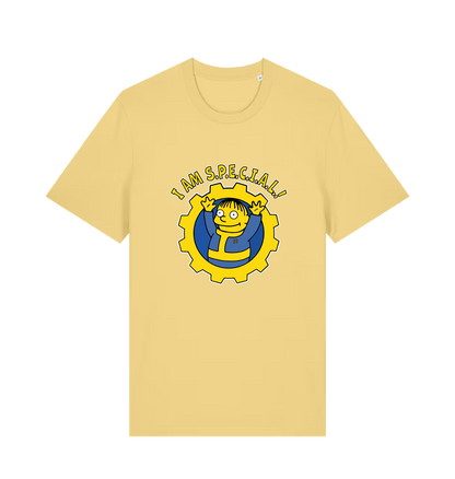 yellow gaming t-shirt with the graphic of ralph wiggum in a vault tec uniform and the slogan 'i am special'