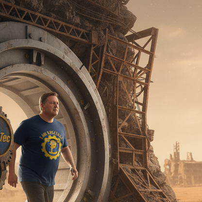 Man in a blue t-shirt standing in front of a large mechanical structure in a desert setting