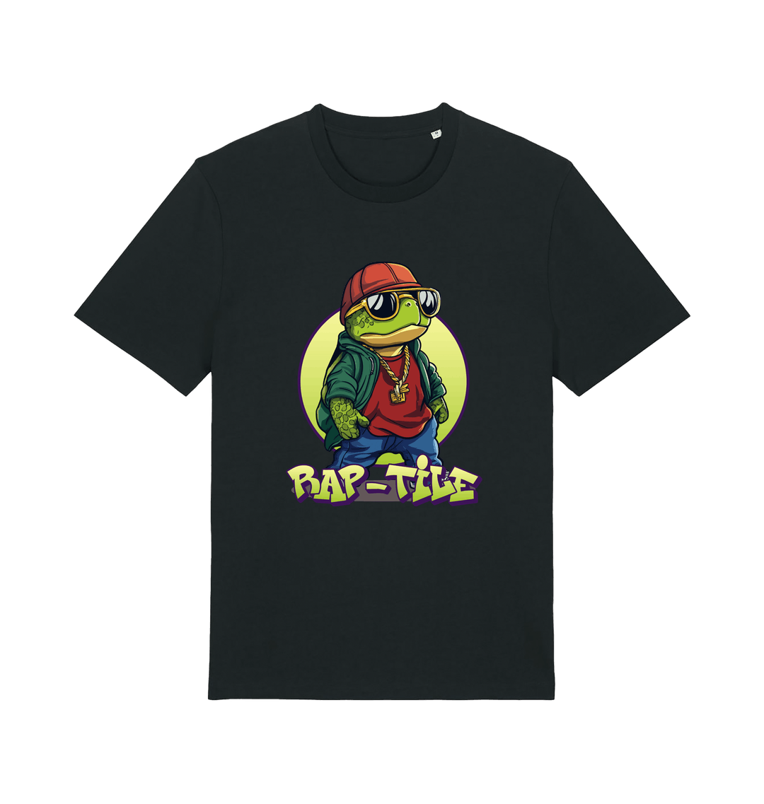black funny animal t-shirt with the graphic of a turtle dressed as a rapper and the slogan 'rap-tile'