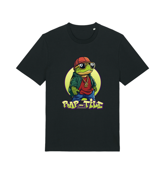 black funny animal t-shirt with the graphic of a turtle dressed as a rapper and the slogan 'rap-tile'