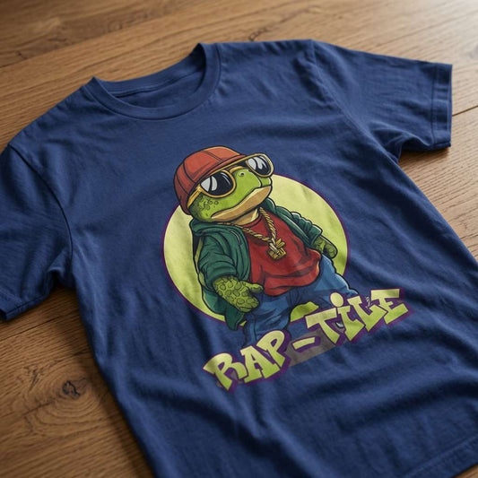 Blue Rap-Tile t-shirt laid flat on a wooden surface showing the full cool turtle graphic, funny mens turtle pun design full of pure swagger