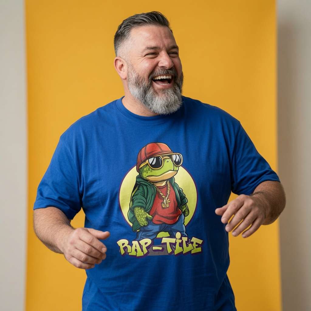Bearded man laughing and gesturing in a blue Rap-Tile t-shirt, funny and witty mens turtle pun graphic that every hip-hop fan will claim