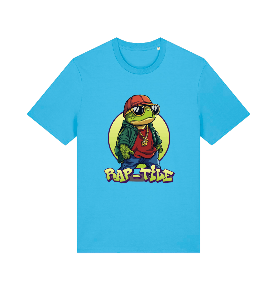 blue funny animal t-shirt with the graphic of a turtle dressed as a rapper and the slogan 'rap-tile'