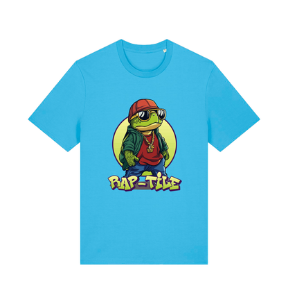 blue funny animal t-shirt with the graphic of a turtle dressed as a rapper and the slogan 'rap-tile'