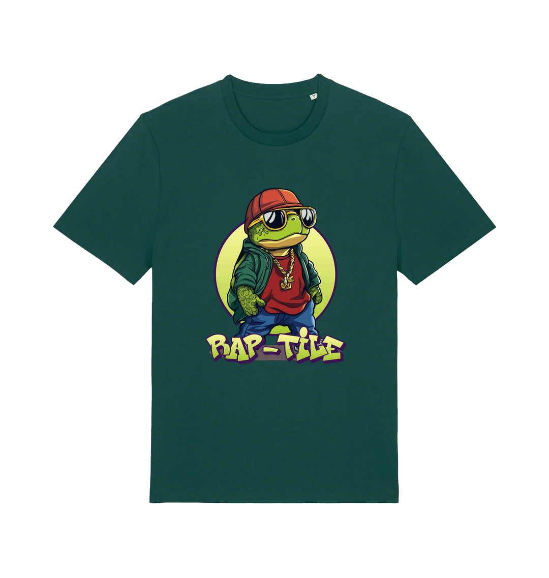 green funny animal t-shirt with the graphic of a turtle dressed as a rapper and the slogan 'rap-tile'