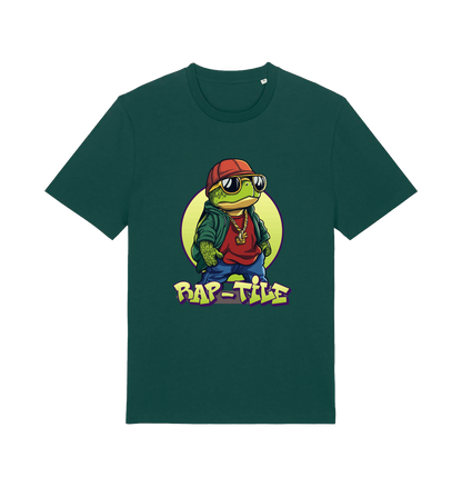 green funny animal t-shirt with the graphic of a turtle dressed as a rapper and the slogan 'rap-tile'