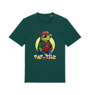green funny animal t-shirt with the graphic of a turtle dressed as a rapper and the slogan 'rap-tile'