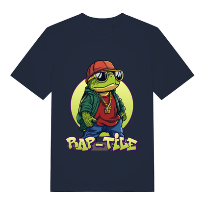 Navy Rap-Tile funny graphic t-shirt showing bold Rap-Tile lettering  