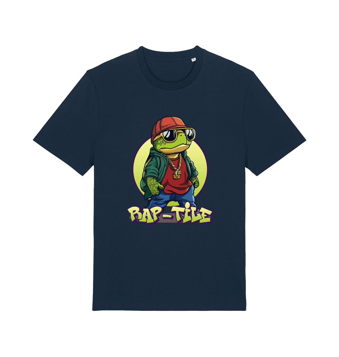 navy funny animal t-shirt with the graphic of a turtle dressed as a rapper and the slogan 'rap-tile'