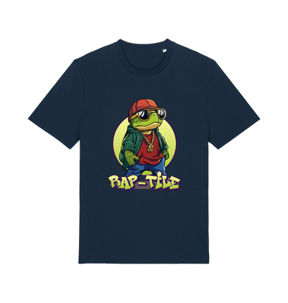 navy funny animal t-shirt with the graphic of a turtle dressed as a rapper and the slogan 'rap-tile'