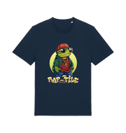 navy funny animal t-shirt with the graphic of a turtle dressed as a rapper and the slogan 'rap-tile'