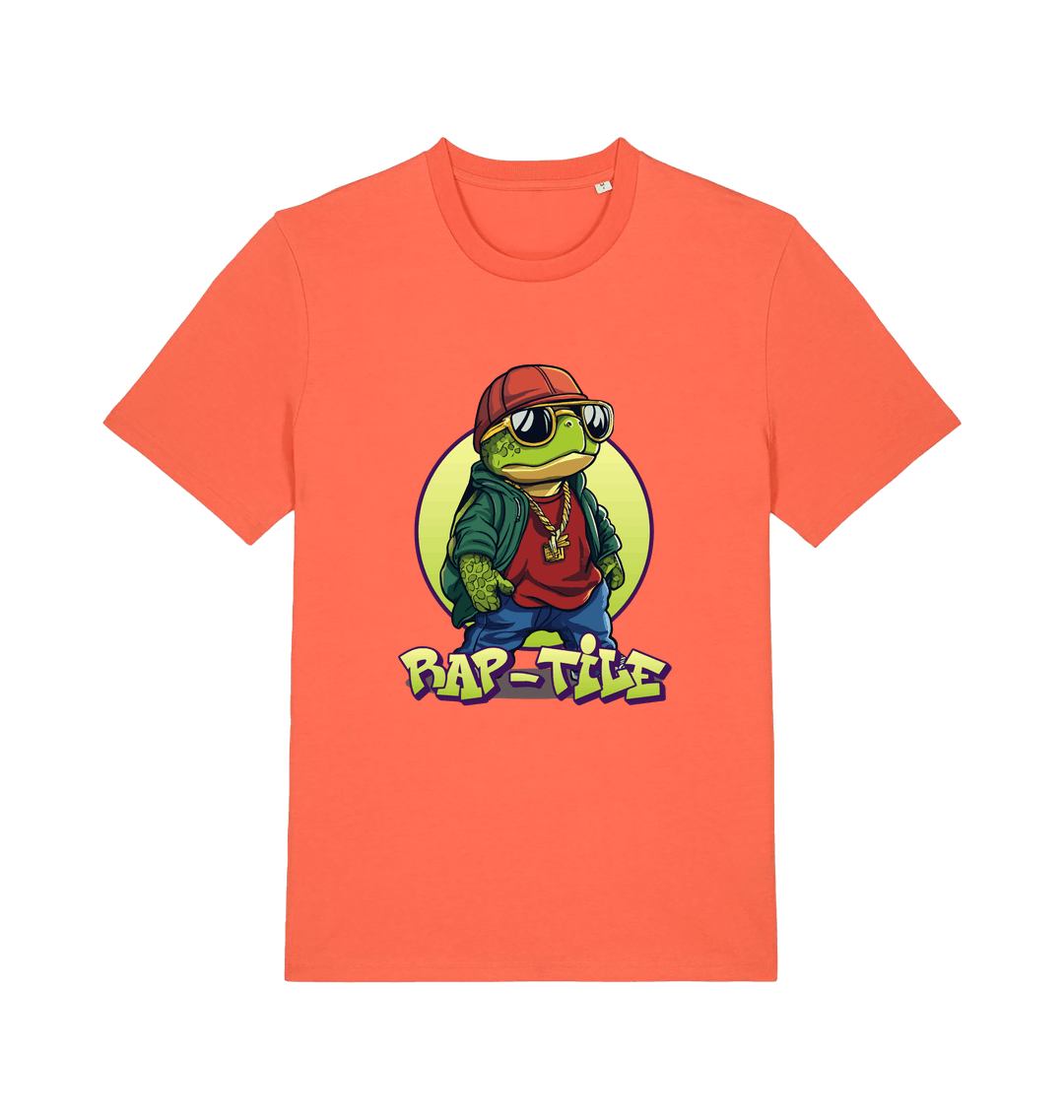 orange funny animal t-shirt with the graphic of a turtle dressed as a rapper and the slogan 'rap-tile'
