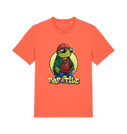 orange funny animal t-shirt with the graphic of a turtle dressed as a rapper and the slogan 'rap-tile'