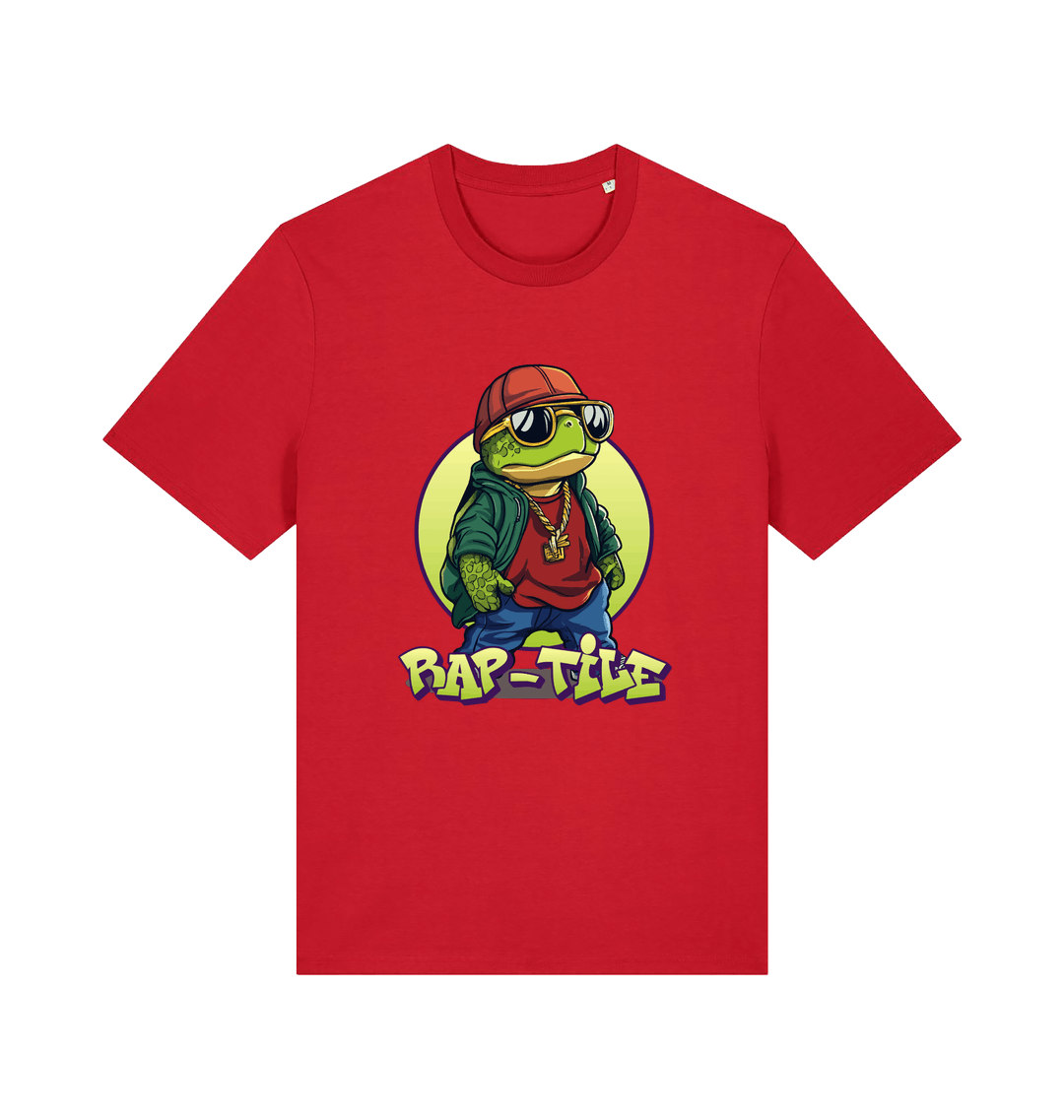 red funny animal t-shirt with the graphic of a turtle dressed as a rapper and the slogan 'rap-tile'