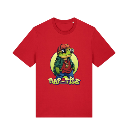 red funny animal t-shirt with the graphic of a turtle dressed as a rapper and the slogan 'rap-tile'