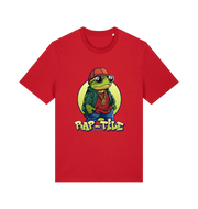 red funny animal t-shirt with the graphic of a turtle dressed as a rapper and the slogan 'rap-tile'