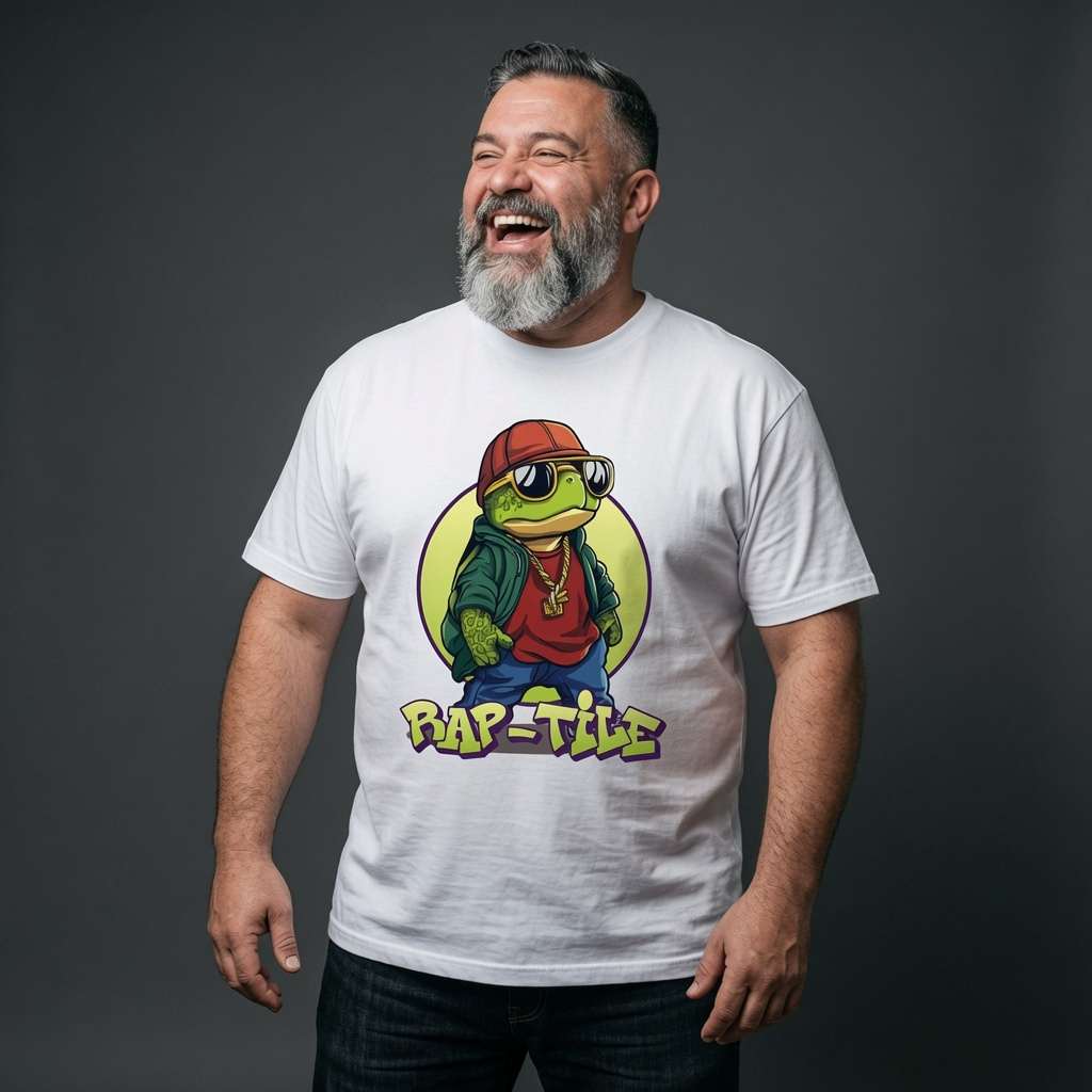 Bearded man laughing while wearing a white Rap-Tile t-shirt featuring a cool turtle in a red cap, sunglasses and gold chain, funny mens cheeky turtle pun graphic