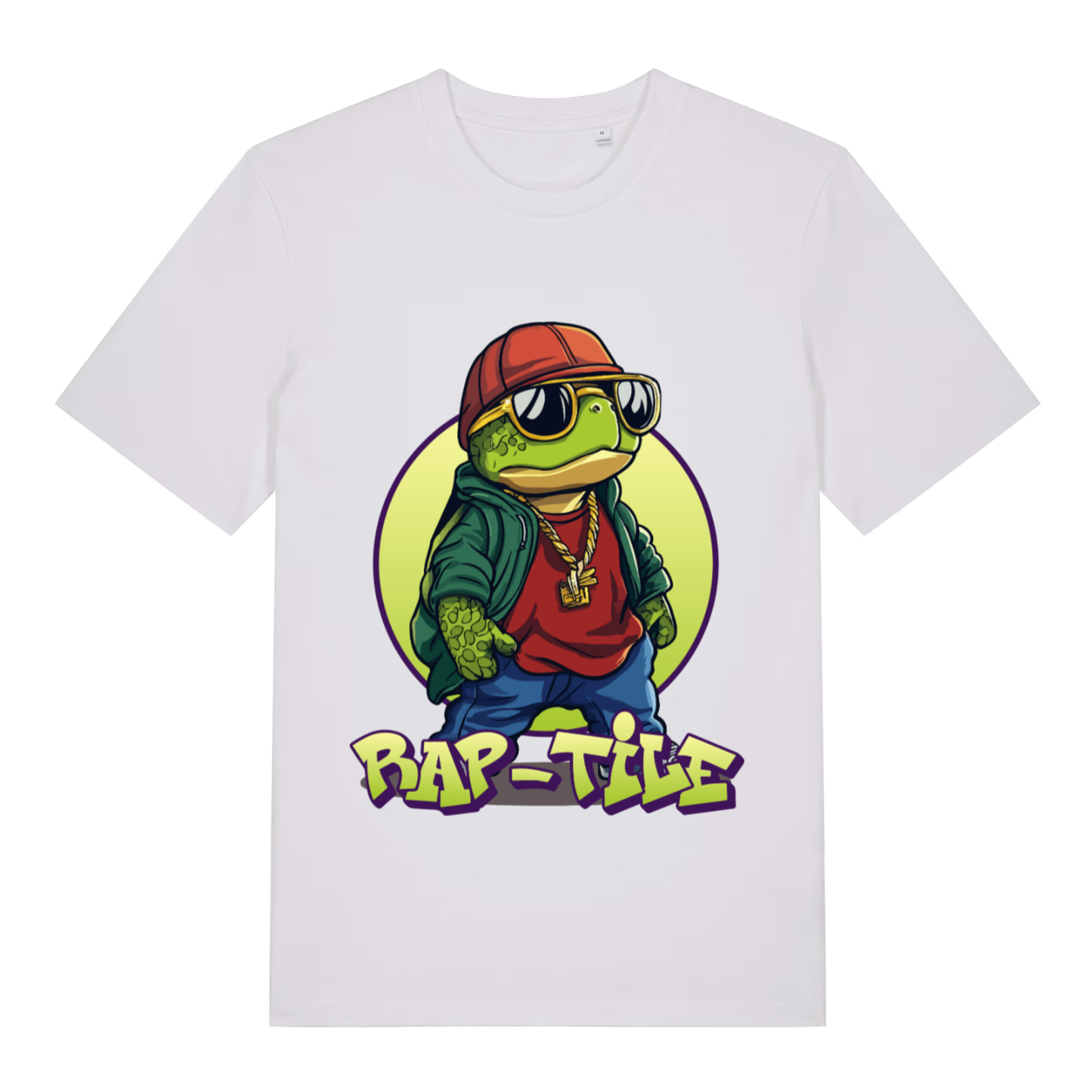 White Rap-Tile funny graphic t-shirt with vibrant turtle rapper illustration  