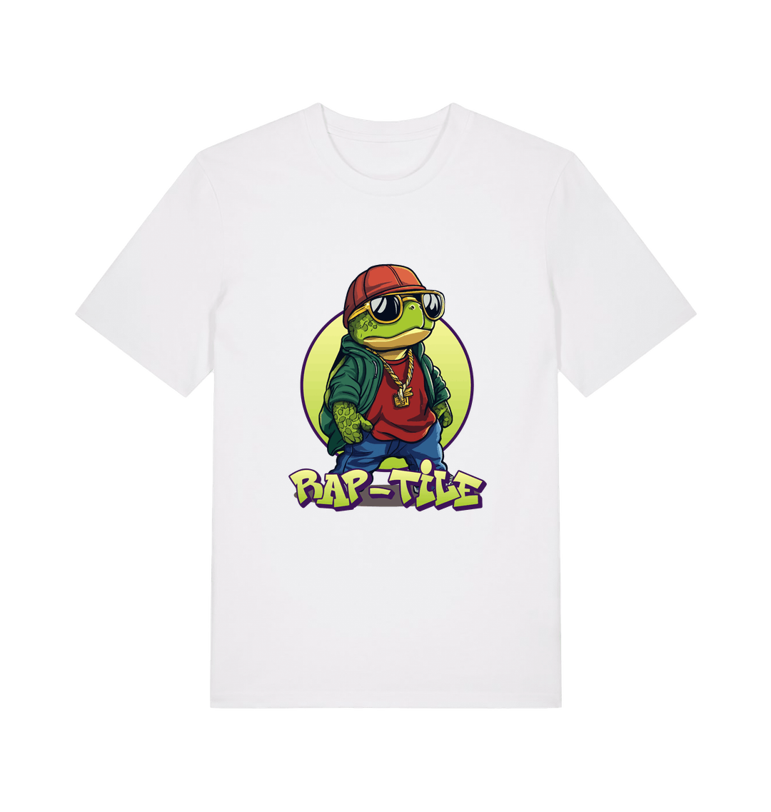 white funny animal t-shirt with the graphic of a turtle dressed as a rapper and the slogan 'rap-tile'