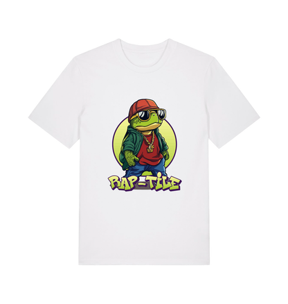 white funny animal t-shirt with the graphic of a turtle dressed as a rapper and the slogan 'rap-tile'