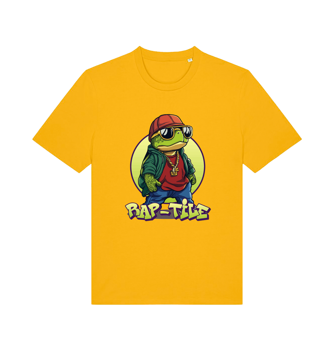 yellow funny animal t-shirt with the graphic of a turtle dressed as a rapper and the slogan 'rap-tile'