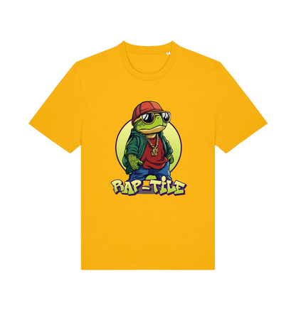 yellow funny animal t-shirt with the graphic of a turtle dressed as a rapper and the slogan 'rap-tile'