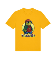 yellow funny animal t-shirt with the graphic of a turtle dressed as a rapper and the slogan 'rap-tile'
