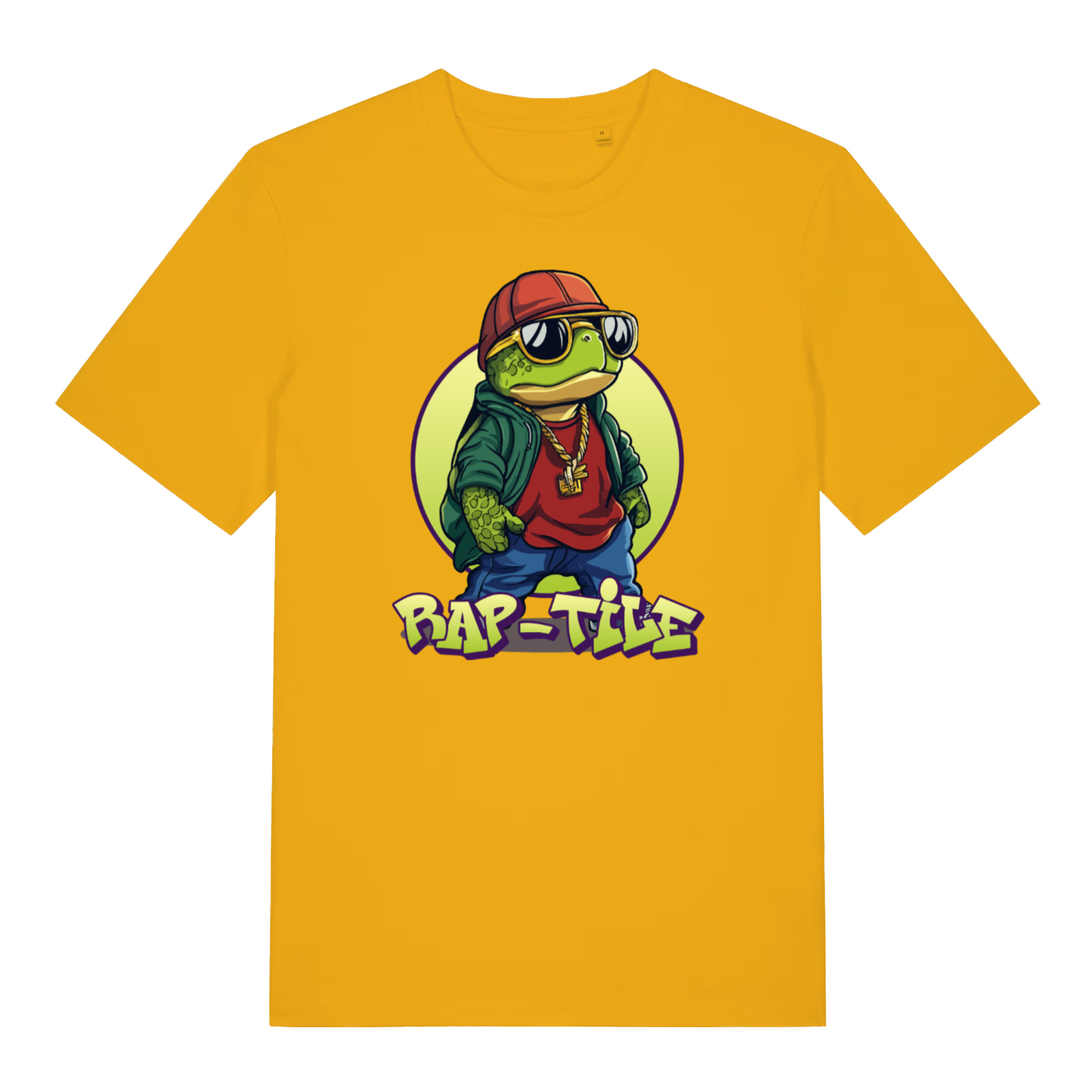 yellow funny graphic t-shirt with the graphic of a turtle dressed as a rapper and the slogan 'rap-tile'