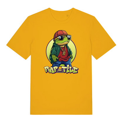 yellow funny graphic t-shirt with the graphic of a turtle dressed as a rapper and the slogan 'rap-tile'