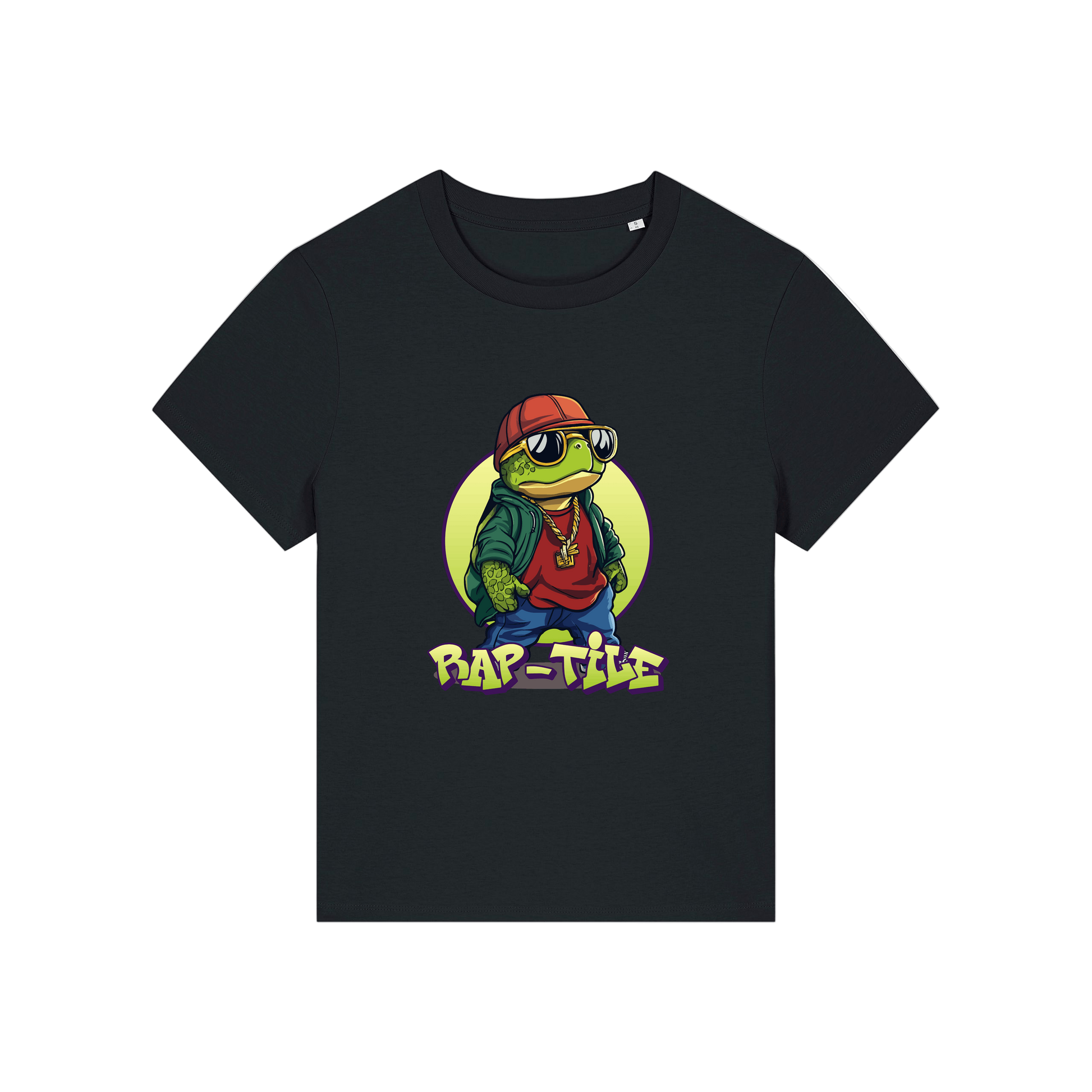 black funny animal t-shirt with the graphic of a turtle dressed like a rapper and the slogan 'raptile'