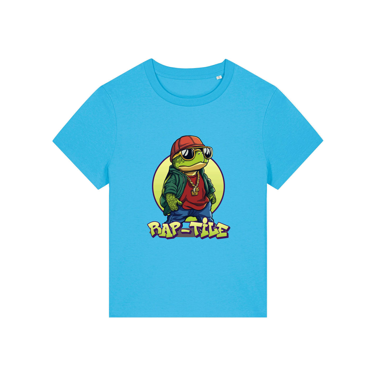 blue funny animal t-shirt with the graphic of a turtle dressed like a rapper and the slogan 'raptile'