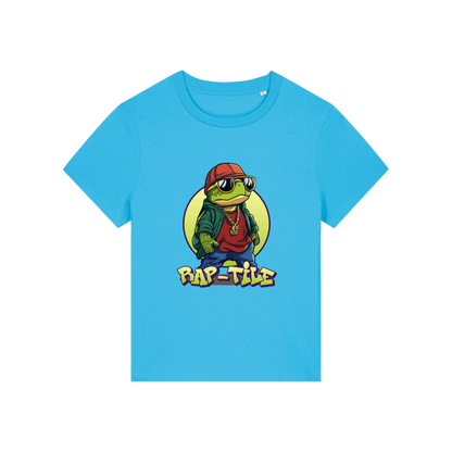 blue funny animal t-shirt with the graphic of a turtle dressed like a rapper and the slogan 'raptile'