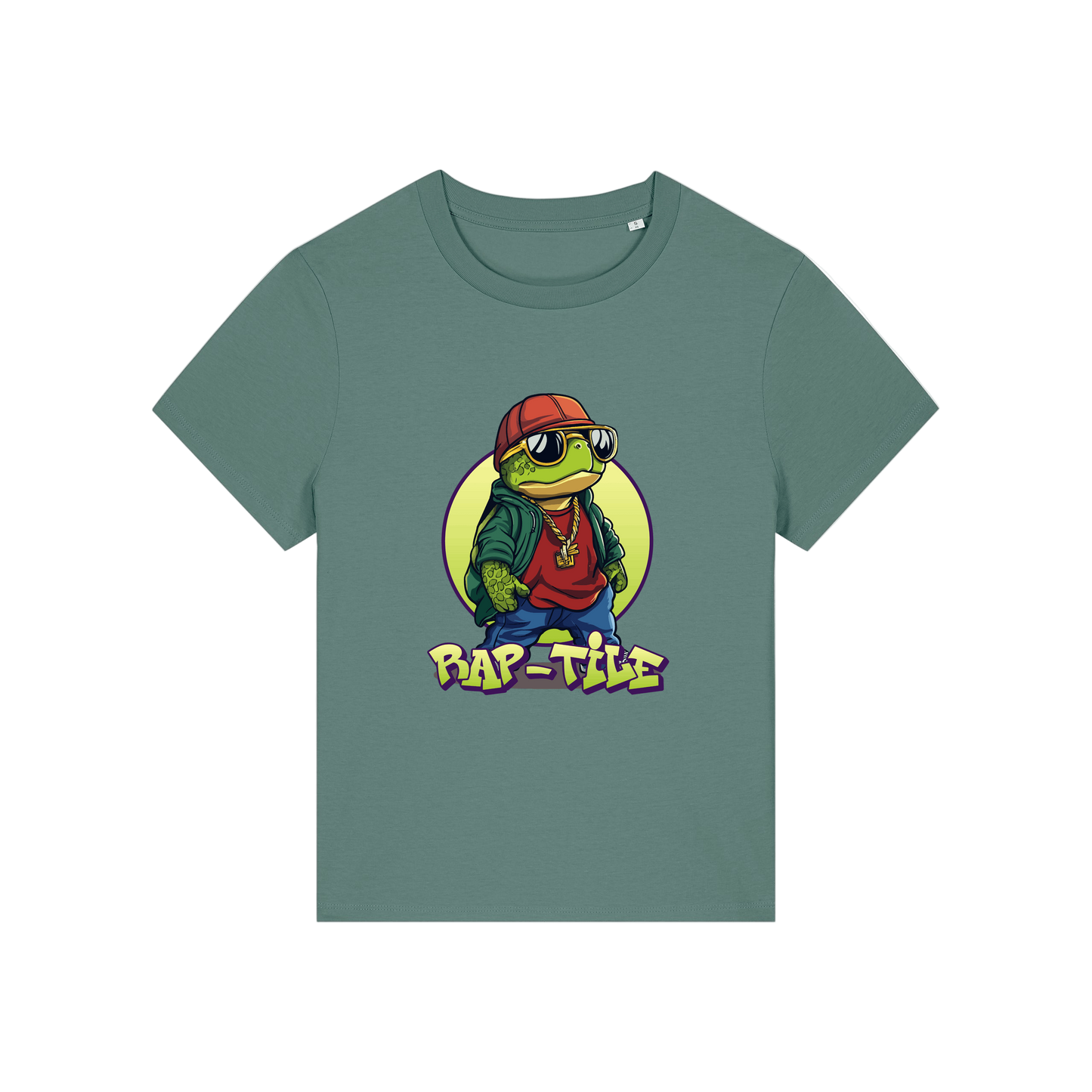 green funny animal t-shirt with the graphic of a turtle dressed like a rapper and the slogan 'raptile'