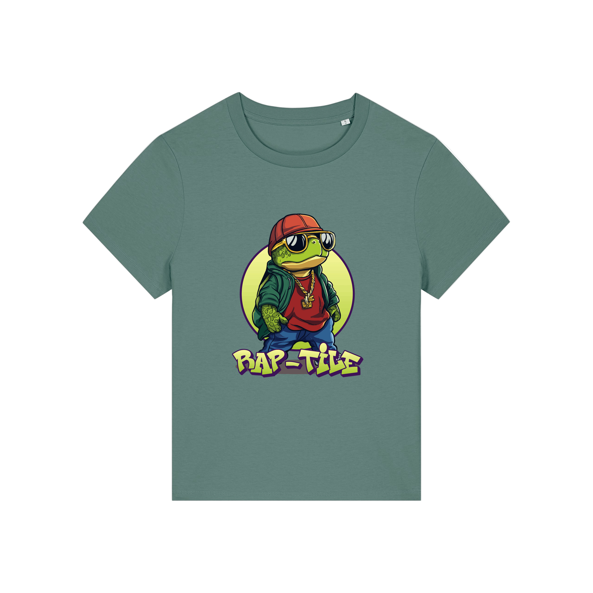 green funny animal t-shirt with the graphic of a turtle dressed like a rapper and the slogan 'raptile'