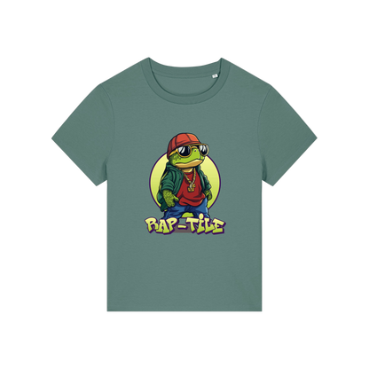 green funny animal t-shirt with the graphic of a turtle dressed like a rapper and the slogan 'raptile'