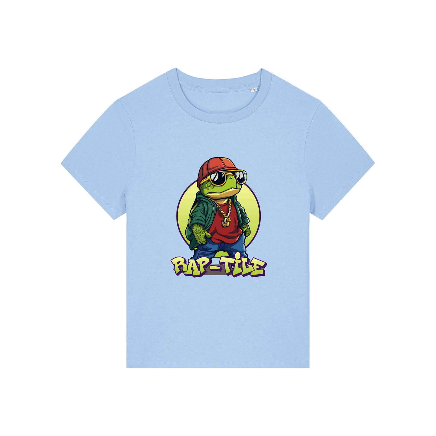 light blue funny animal t-shirt with the graphic of a turtle dressed like a rapper and the slogan 'raptile'