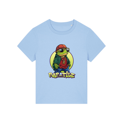 light blue funny animal t-shirt with the graphic of a turtle dressed like a rapper and the slogan 'raptile'
