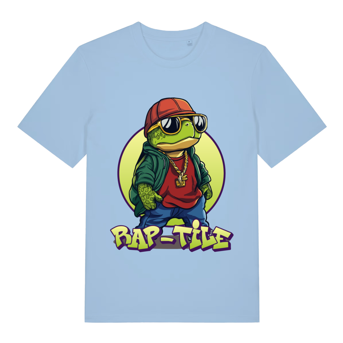 Light blue Rap-Tile ladies funny graphic t-shirt with swaggering turtle graphic  