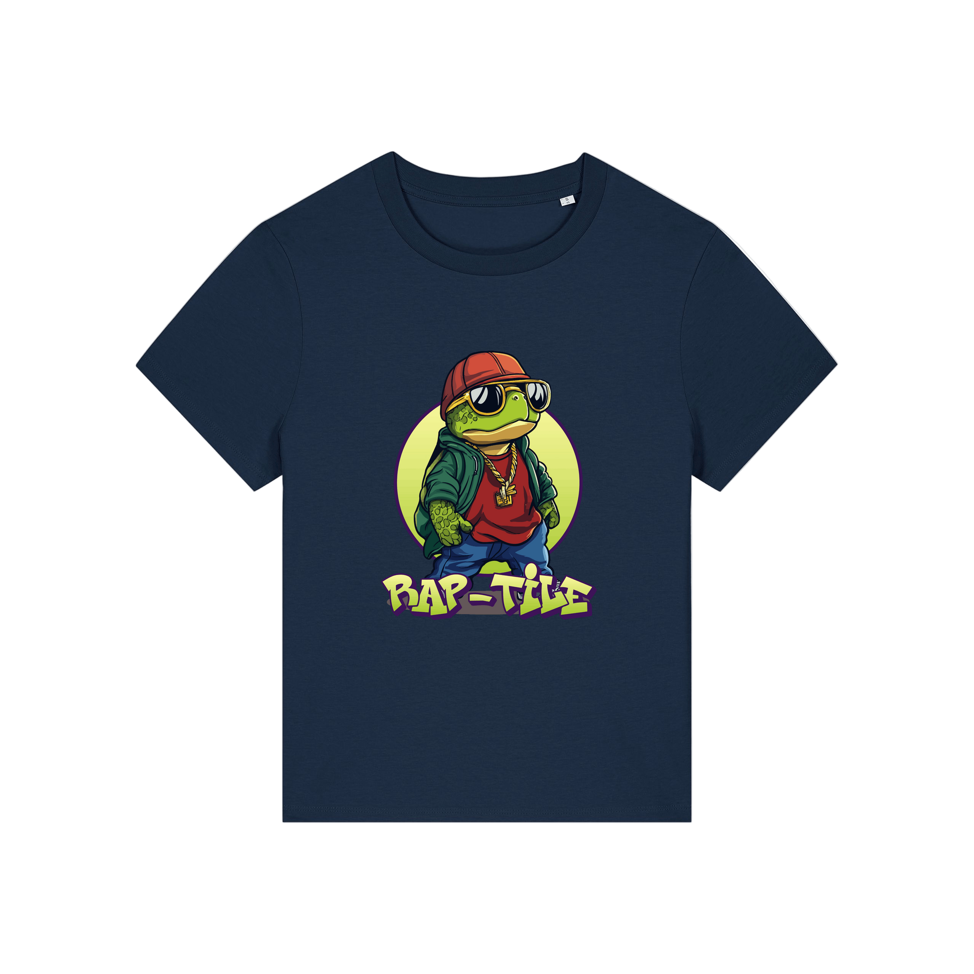 navy funny animal t-shirt with the graphic of a turtle dressed like a rapper and the slogan 'raptile'