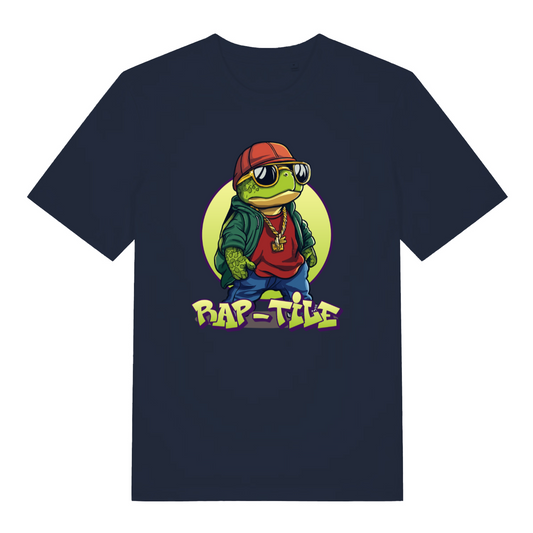navy women's funny animal t-shirt with the graphic of a turtle dressed as a rapper and the slogan 'rap-tile'