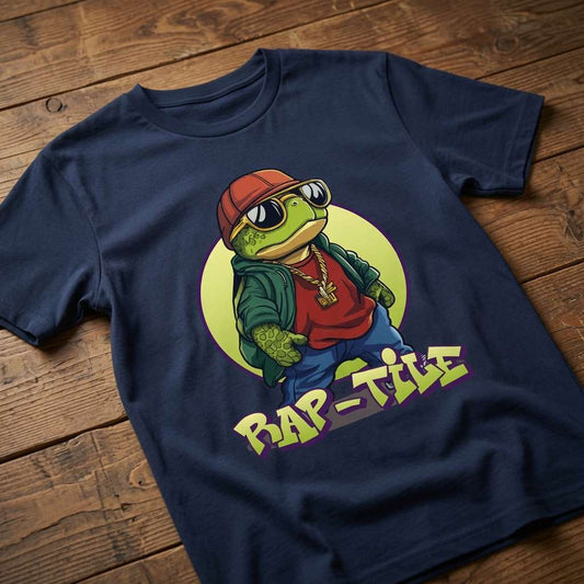 Navy Rap-Tile t-shirt laid flat on a wooden surface showing the full cool turtle graphic, witty ladies turtle pun design that every hip-hop fan will claim