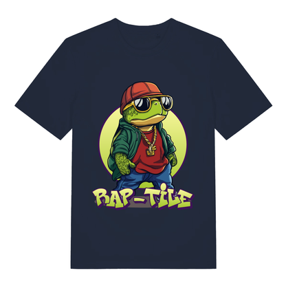 Navy Rap-Tile ladies funny graphic t-shirt showing bold Rap-Tile lettering  
