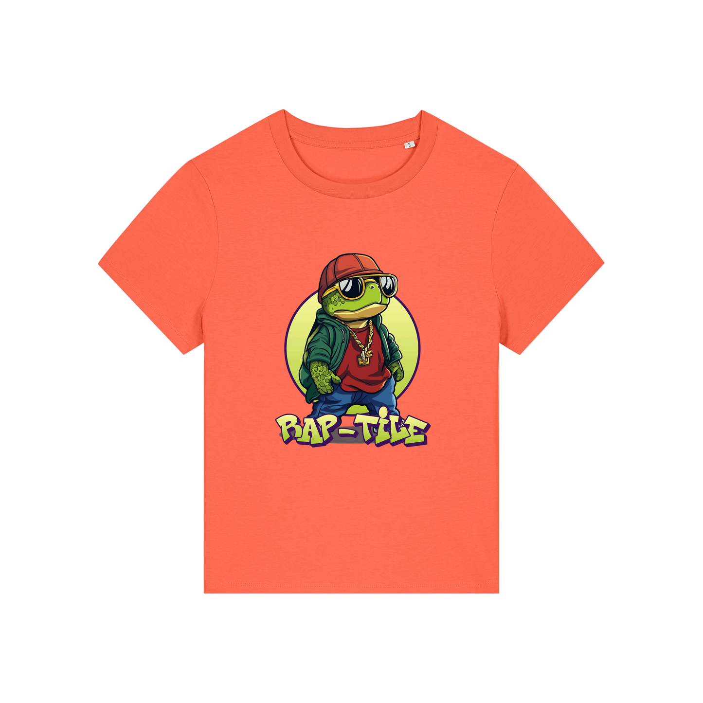 orange funny animal t-shirt with the graphic of a turtle dressed like a rapper and the slogan 'raptile'
