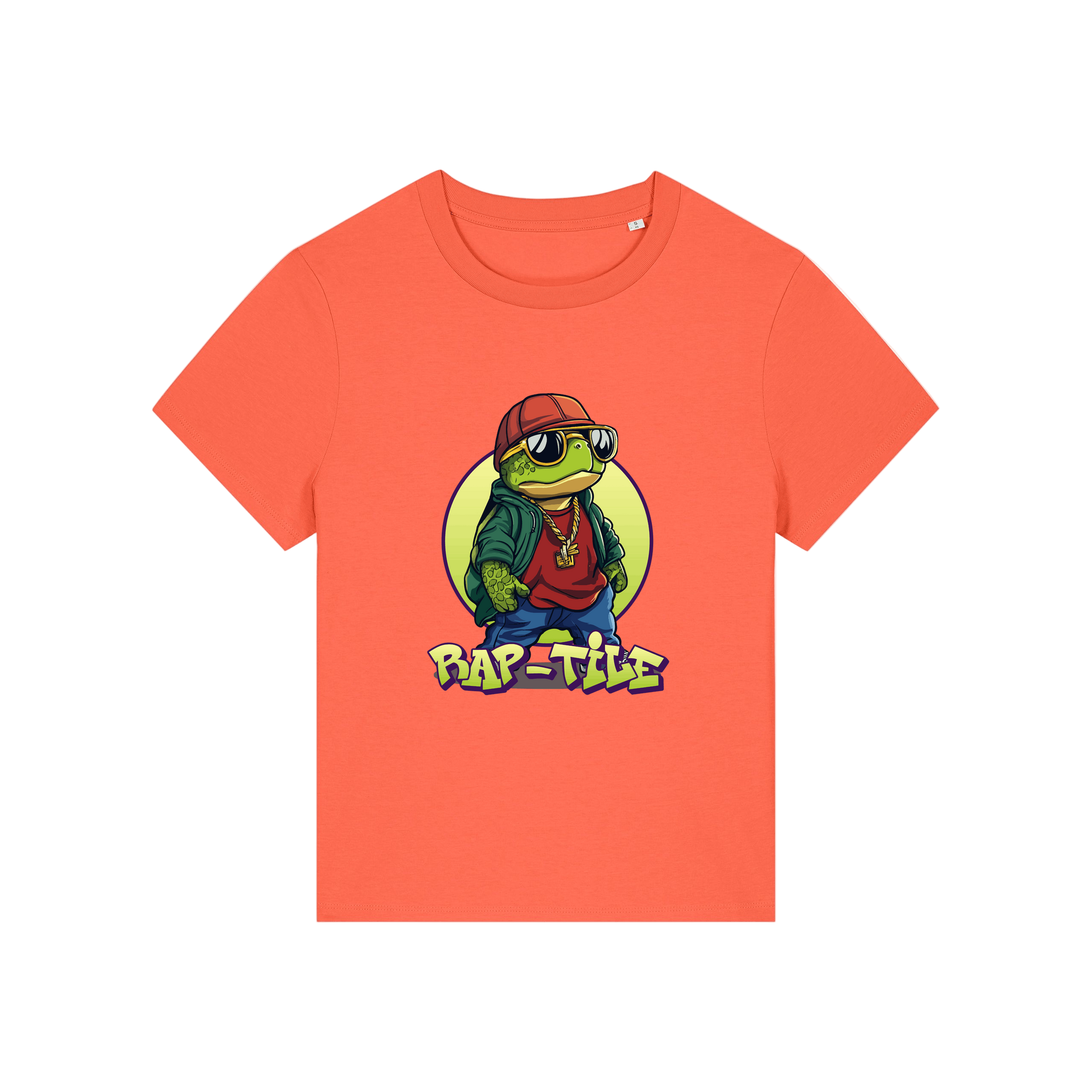 orange funny animal t-shirt with the graphic of a turtle dressed like a rapper and the slogan 'raptile'