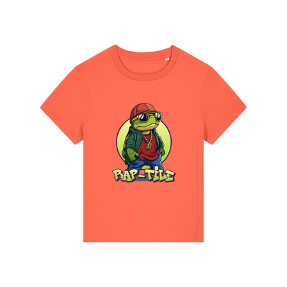 orange funny animal t-shirt with the graphic of a turtle dressed like a rapper and the slogan 'raptile'