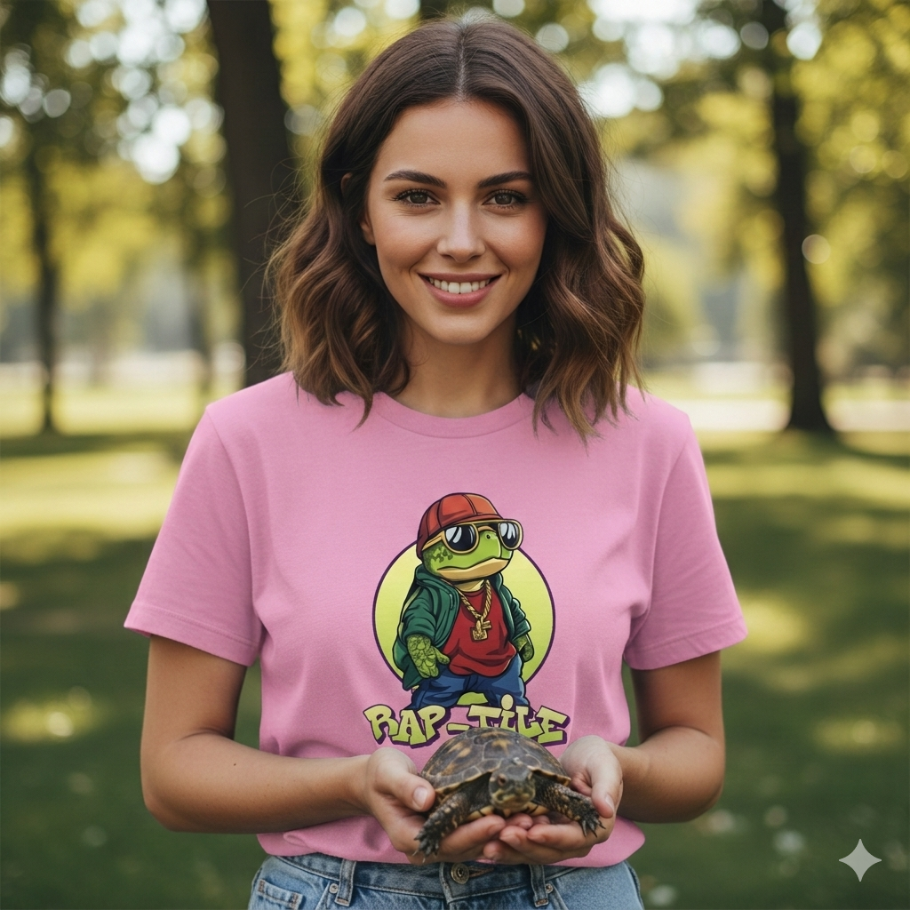 Woman wearing a pink t-shirt with a graphic of a frog wearing sunglasses and a hat, holding a turtle in a park.
